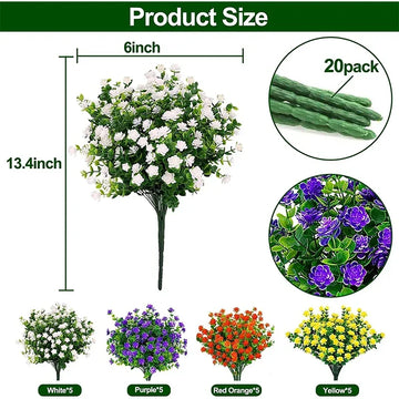 Qfdian 20 Bundles Outdoor Artificial Flowers Plants Decoration UV Resistant Plastic Flowers for Outside Faux Plants for Home Decor